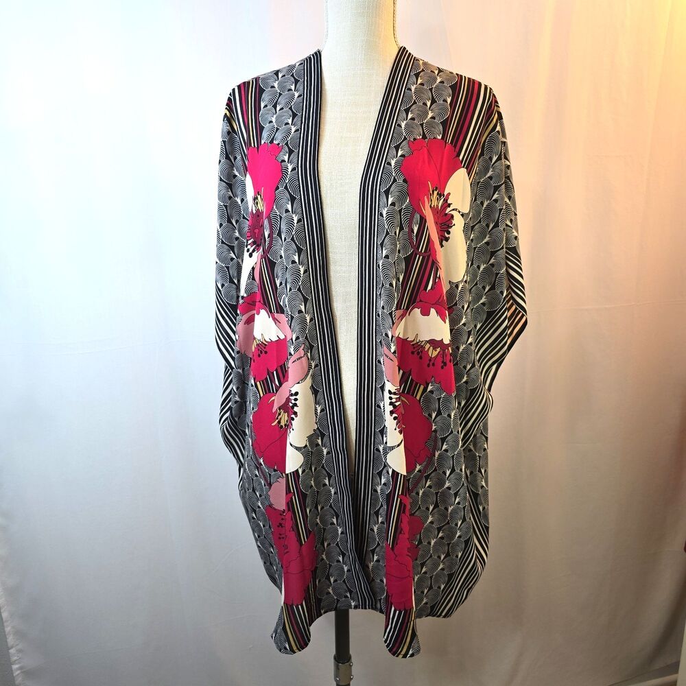 Max Studio Mid Length Floral Kaftan Cover-Up Size Large Black with Large Flowers